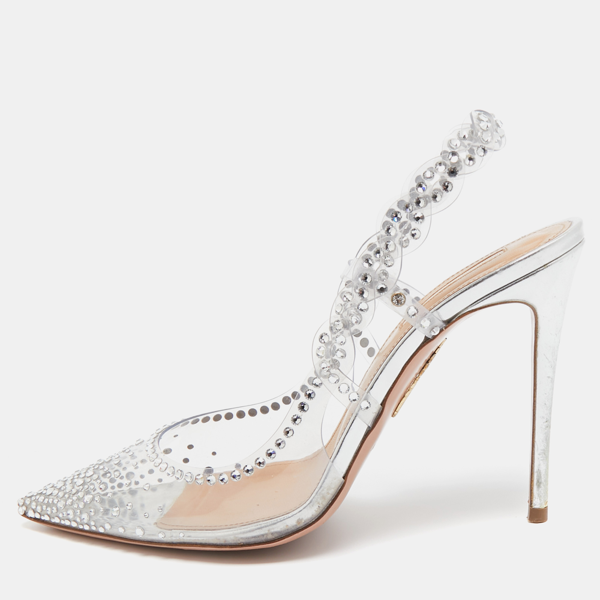 Pre-owned Aquazzura Transparent Pvc And Crystal Embellished Heaven 105 Pump Size 37