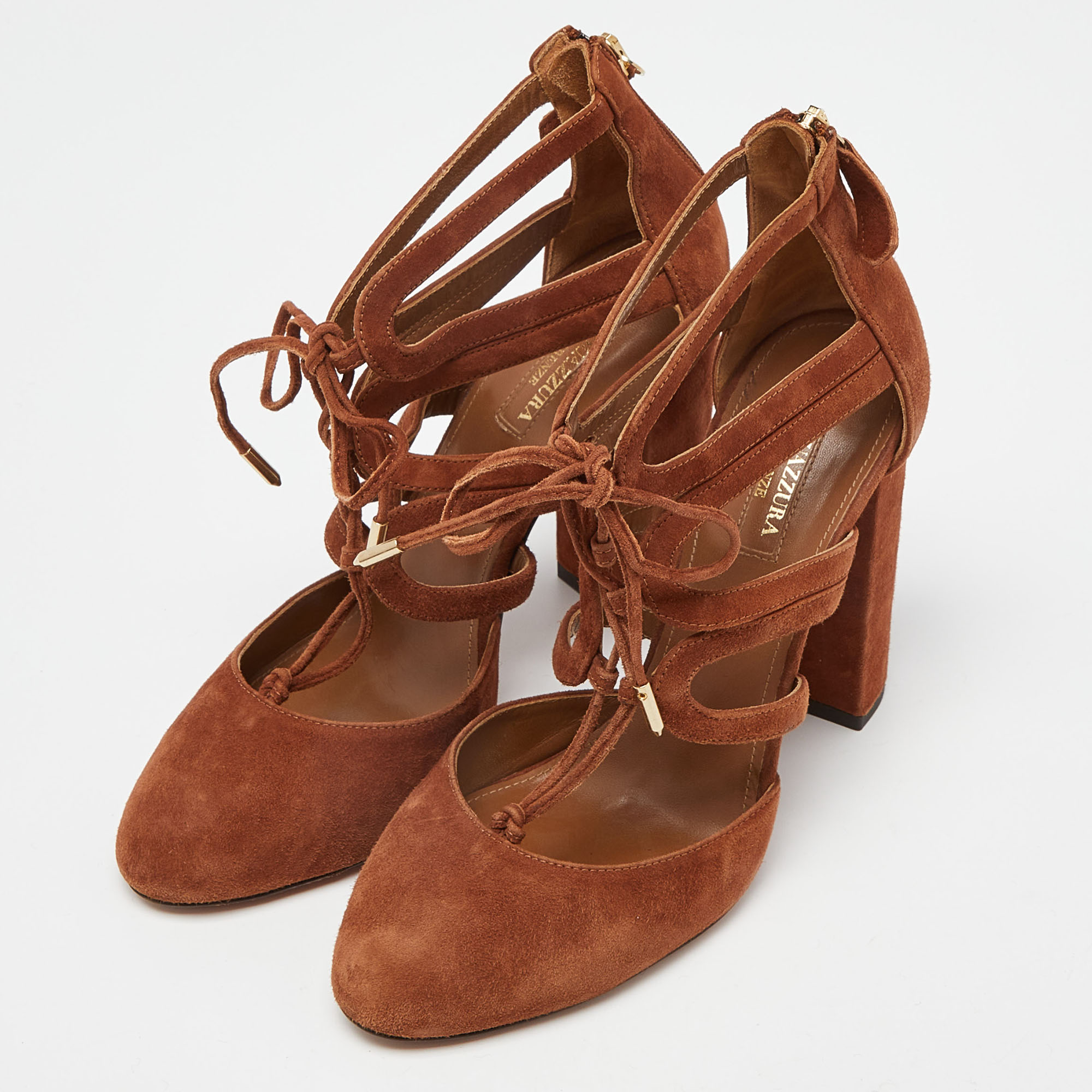 Aquazzura Brown Suede Lace Up Block Heel Pumps Size 39 