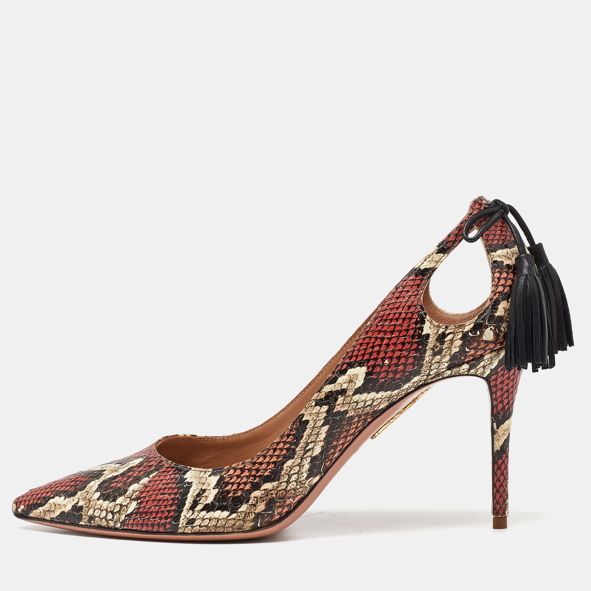 

Aquazzura Multicolor Python Leather Forever Marilyn Tassel Detail Pointed Toe Pumps Size