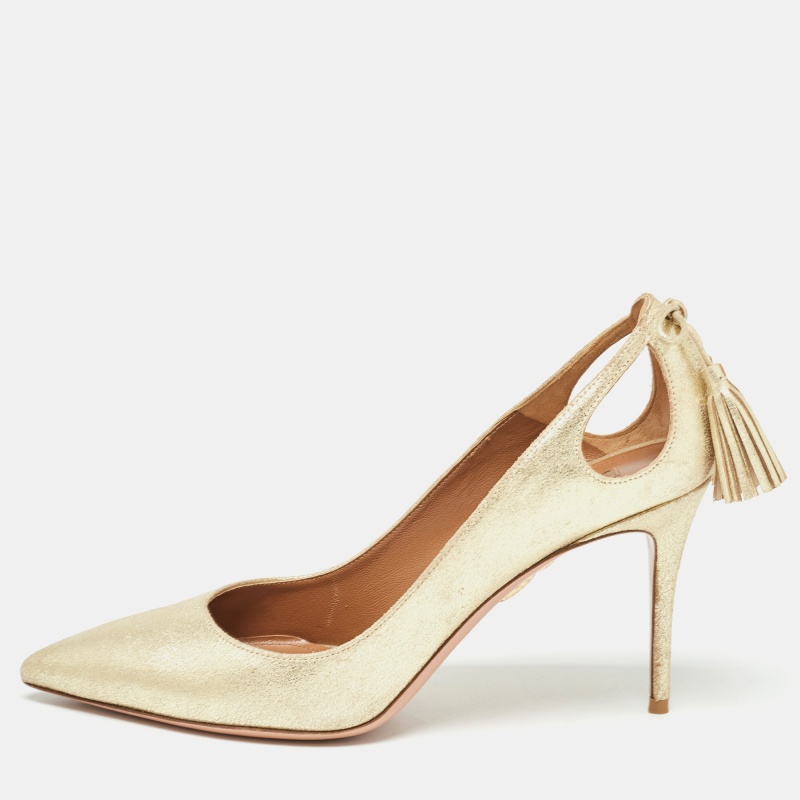 

Aquazzura Gold Laminated Suede Forever Marilyn Pumps Size