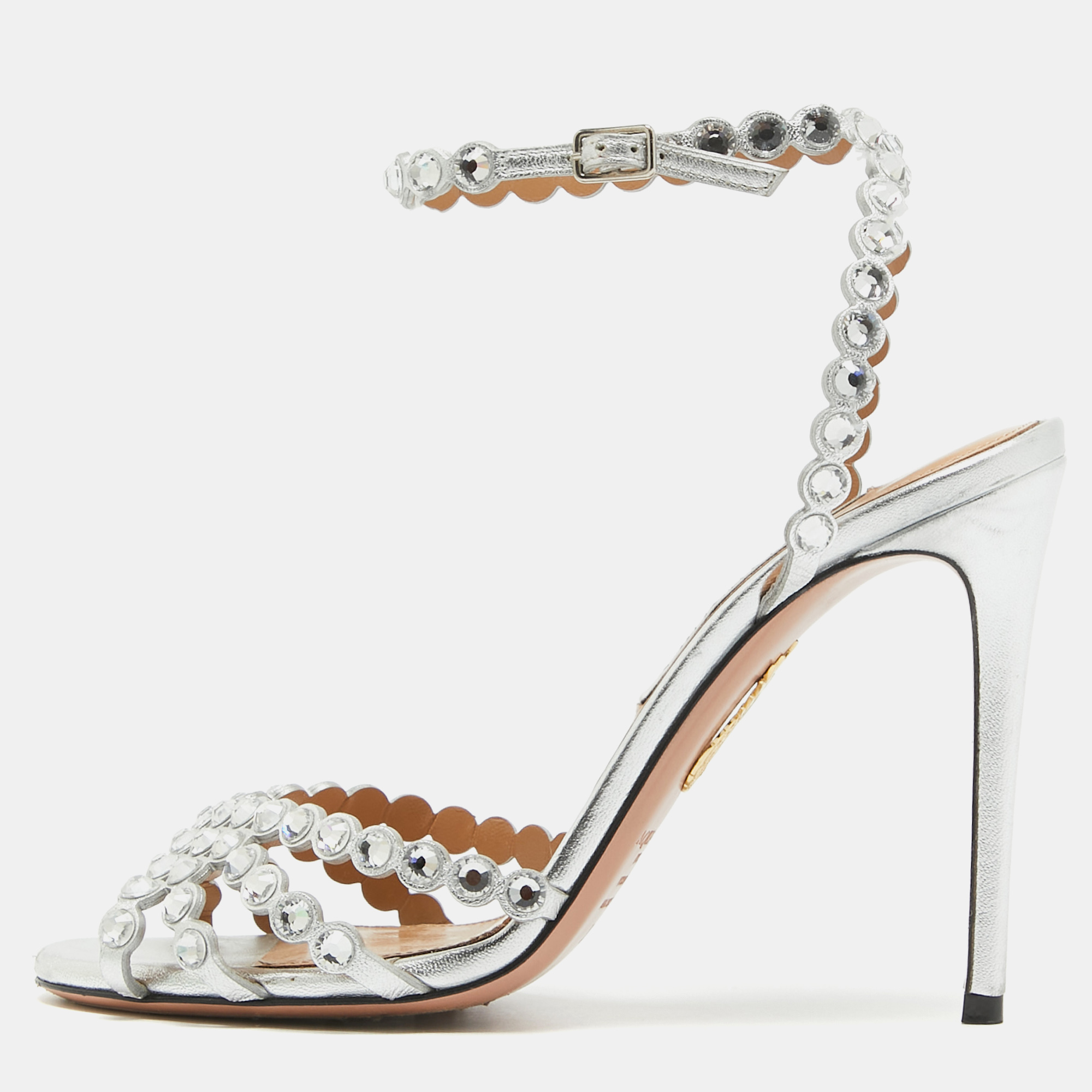 

Aquazzura Silver Leather Crystal Embellished Ankle Wrap Sandals Size