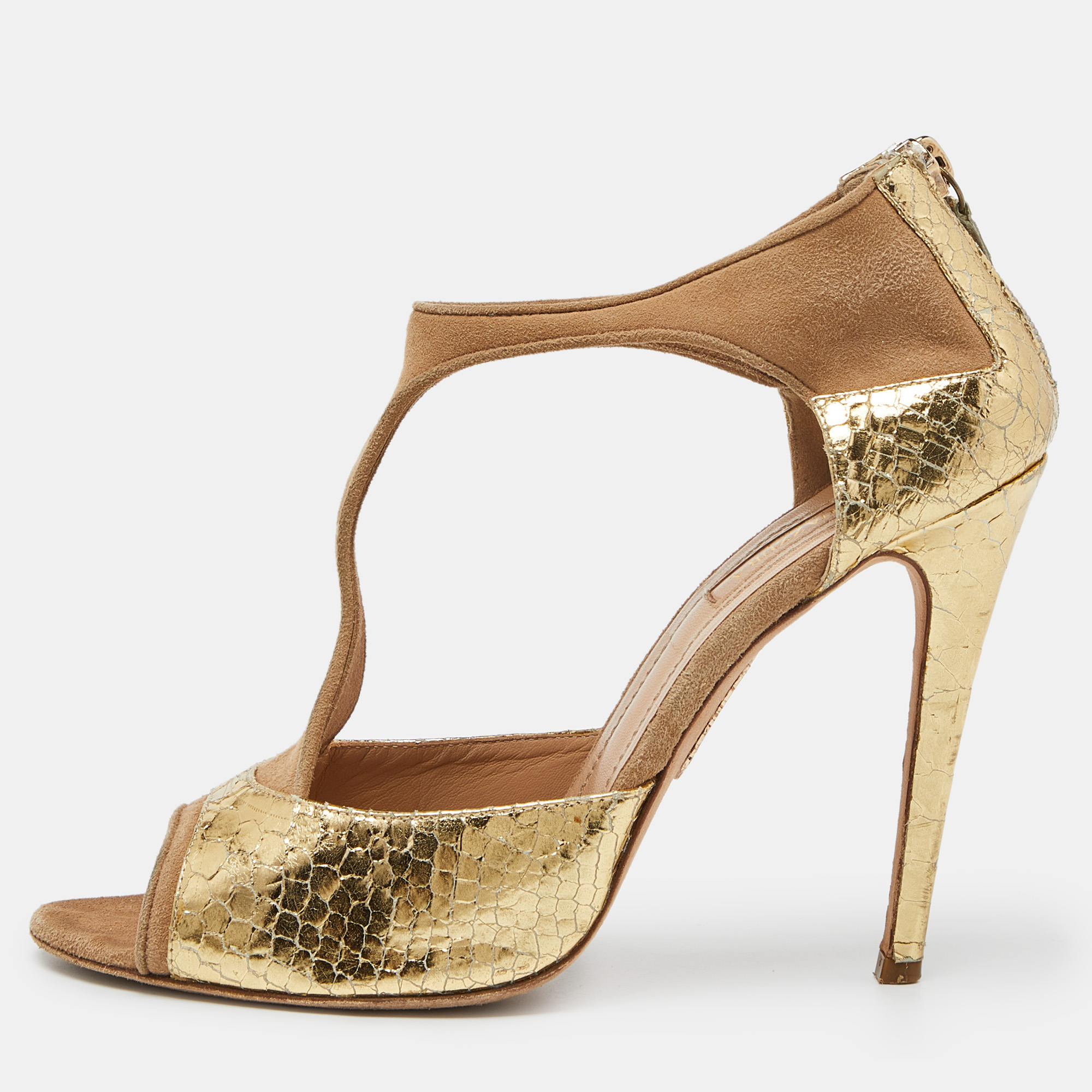 

Aquazzura Beige/Gold Suede and Snakeskin Embossed Leather Pumps Size