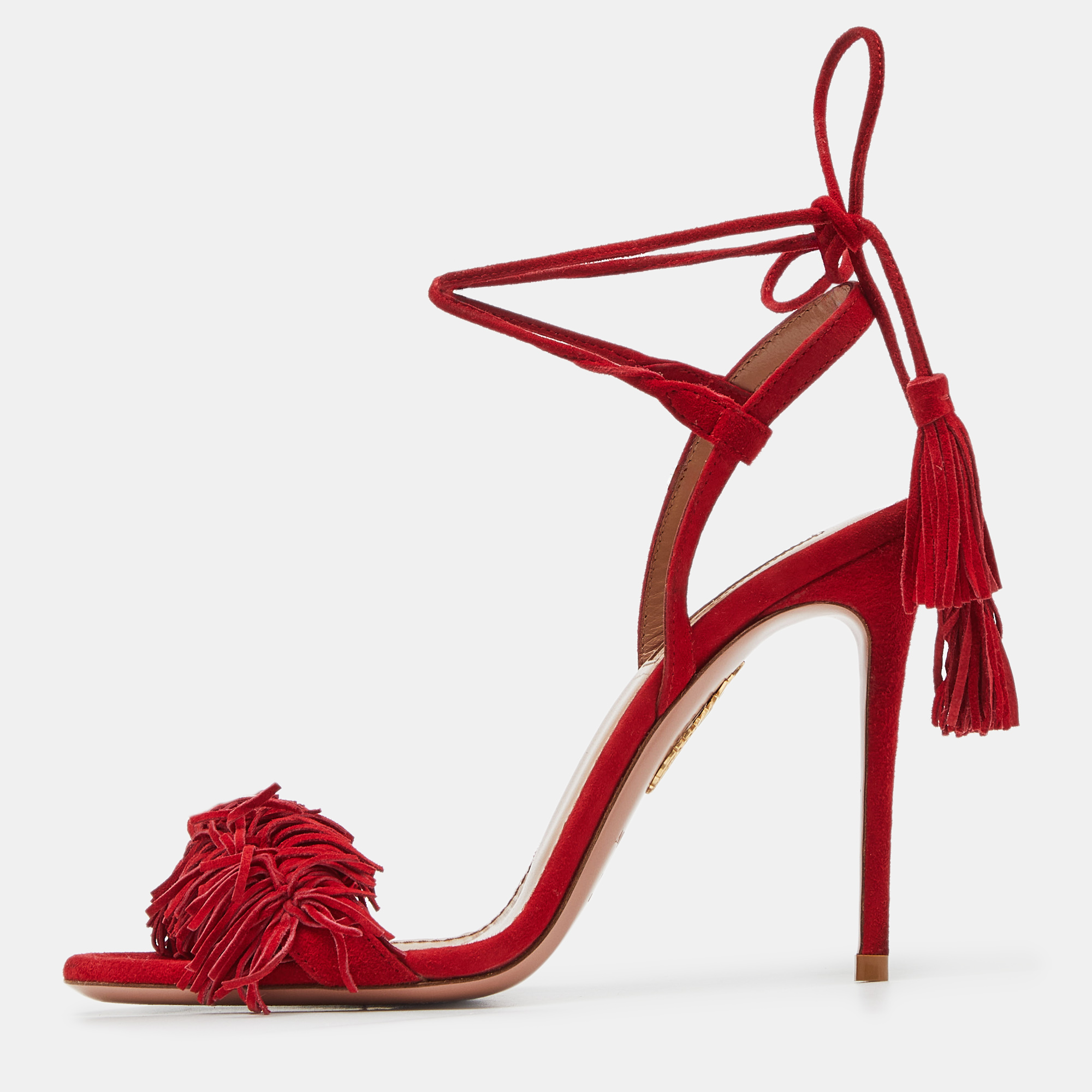

Aquazzura Red Fringed Suede Wild Thing Ankle Wrap Sandals Size