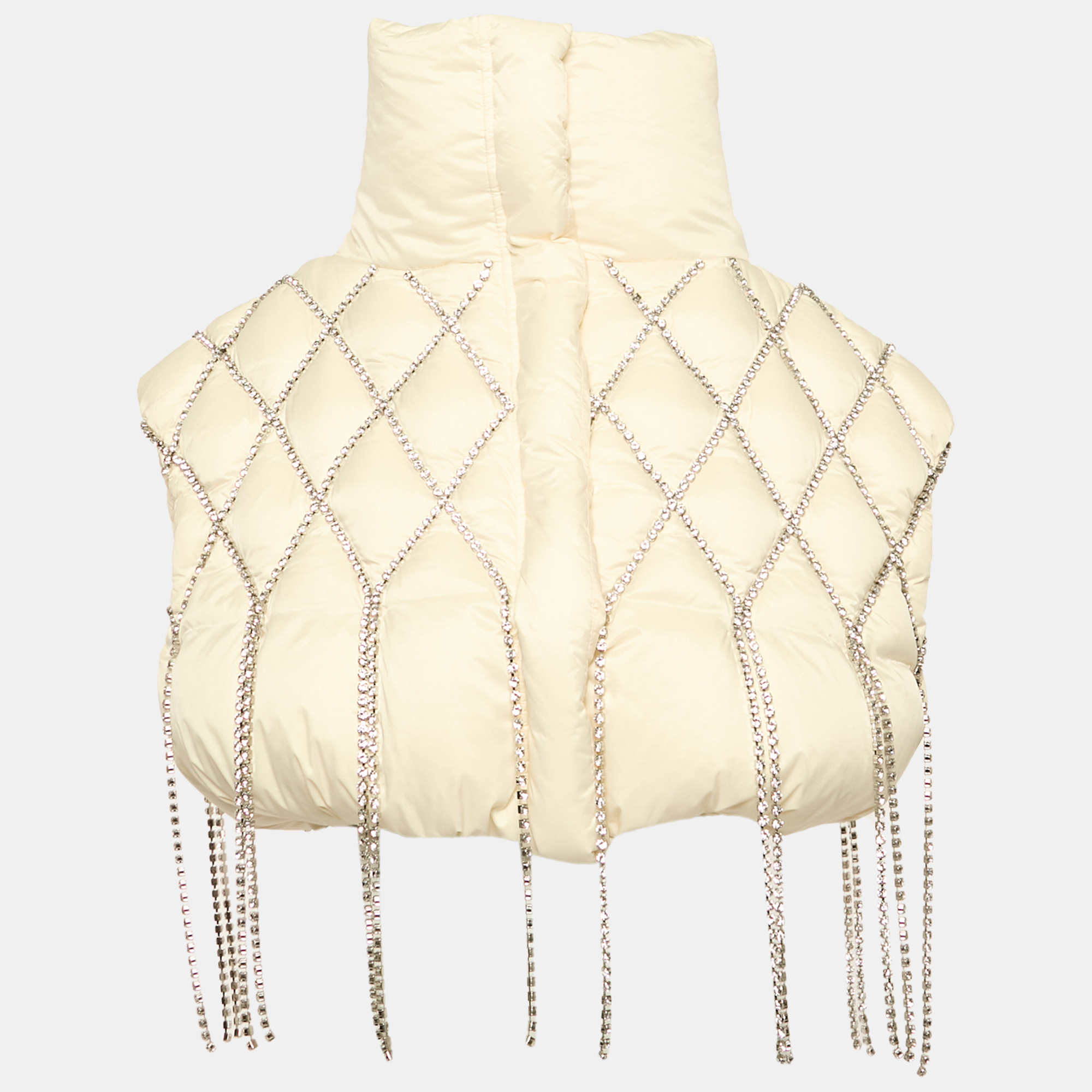 Pre-owned Area X Dingyun Zhang Cream Crystal Embellished Nylon Quilted Down Puffer Waistcoat M