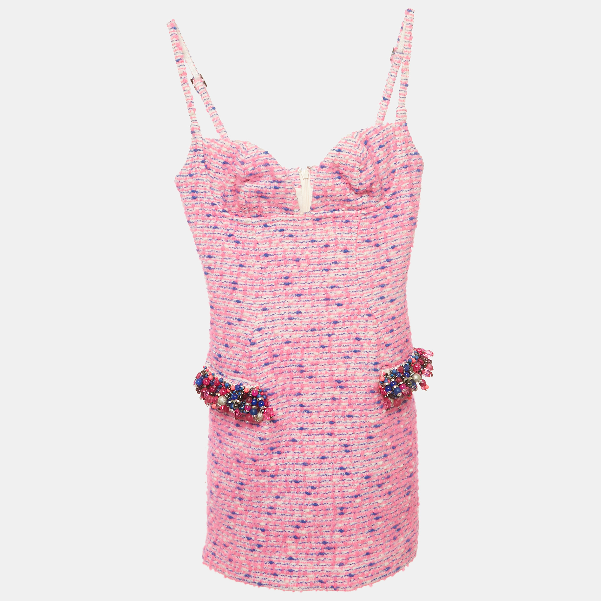 Pre-owned Area Pink/blue Wool Tweed Embellished Detail Mini Dress Xs