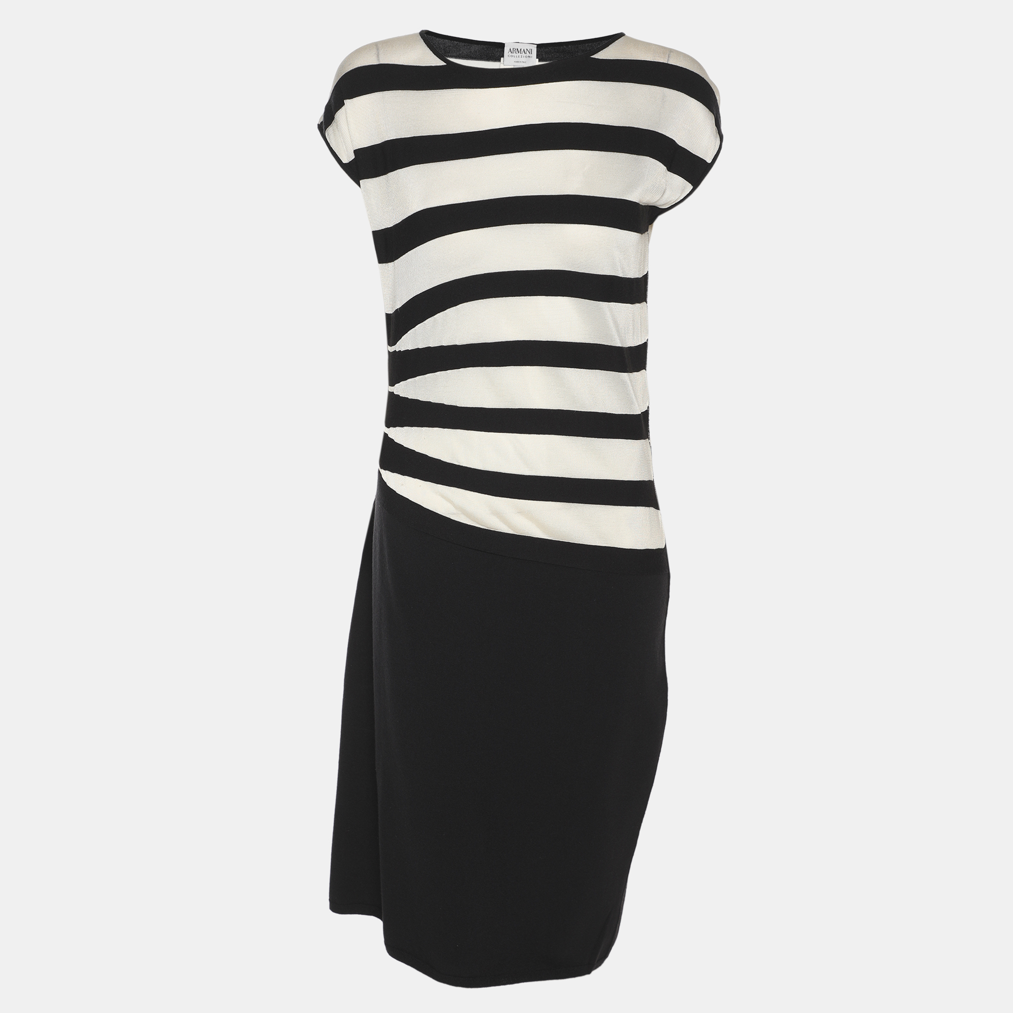 

Armani Collezioni Dark Navy/White Stripe Stretch Knit Sleeveless Midi Dress M, Navy blue