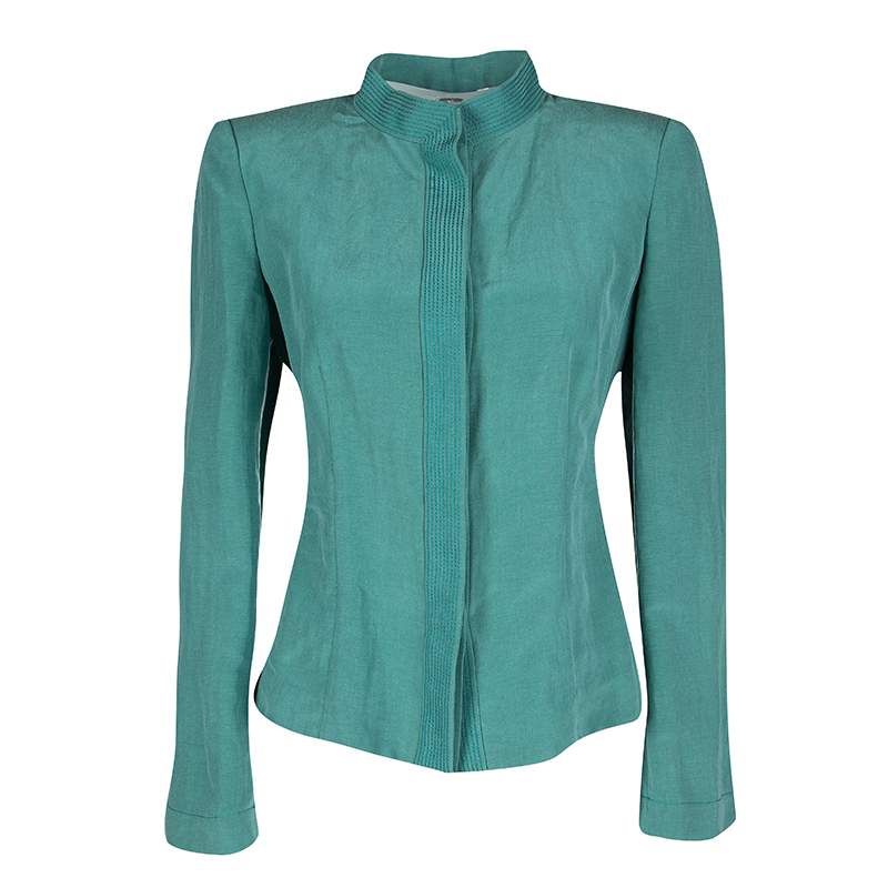 مملوكة مسبقًا طقم أرماني كالزوني تنورة مستقيمة وبليزر كتان حرير أزرق M