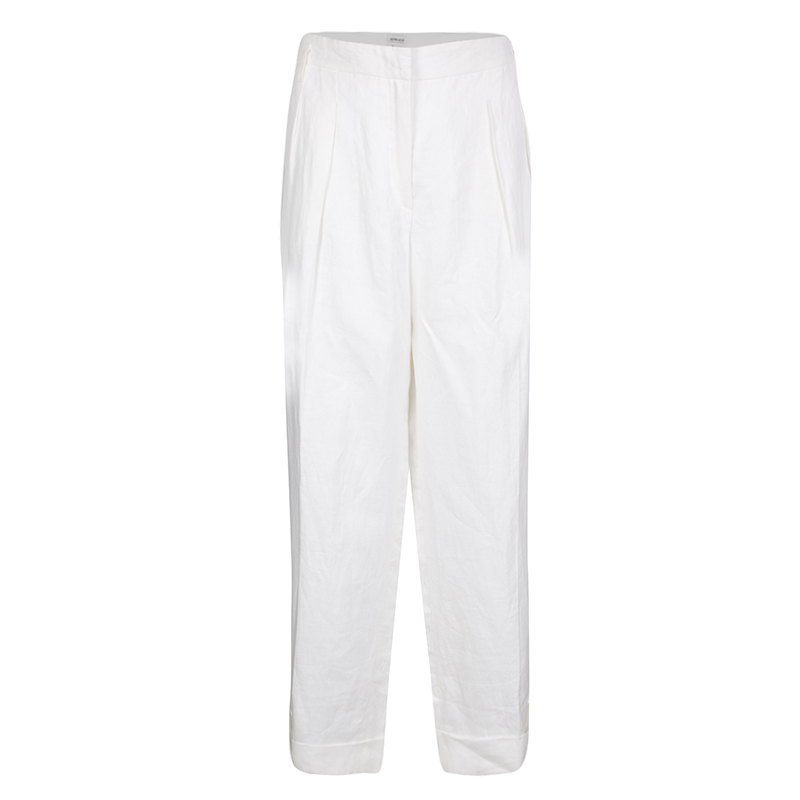 Pre Owned Armani Collezioni White Linen Wide Leg Pants L