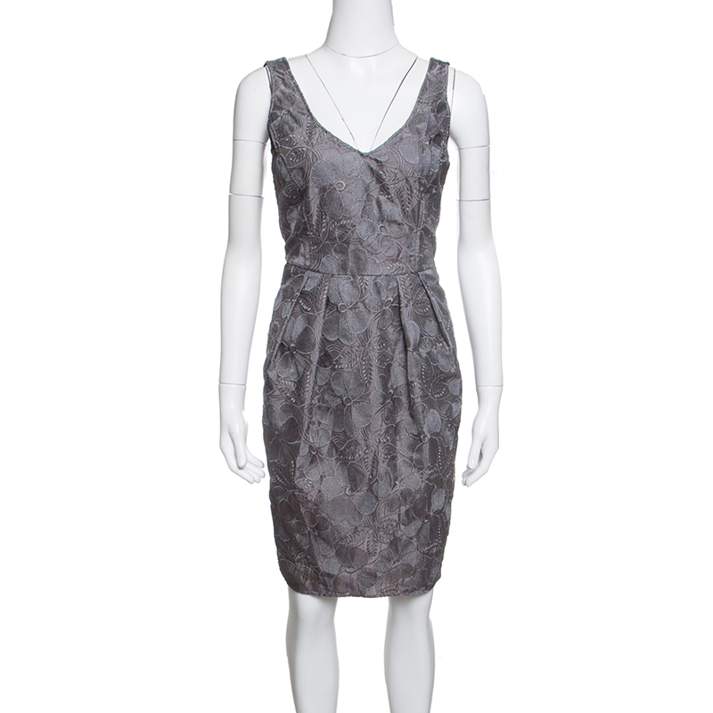 Pre Owned Armani Collezioni Grey Floral Embroidered Pleated Organza Dress M