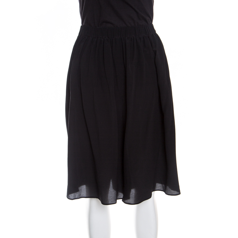 Pre Owned Armani Collezioni Black Silk Elasticized Waist Gathered Skirt L