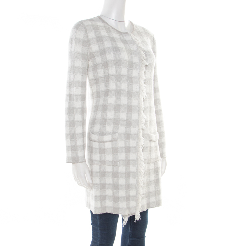 

Armani Collezioni Grey and White Checked Fringed Trim Long Cardigan
