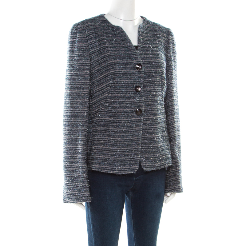 

Armani Collezioni Metallic Blue Striped Fuzzy Blazer