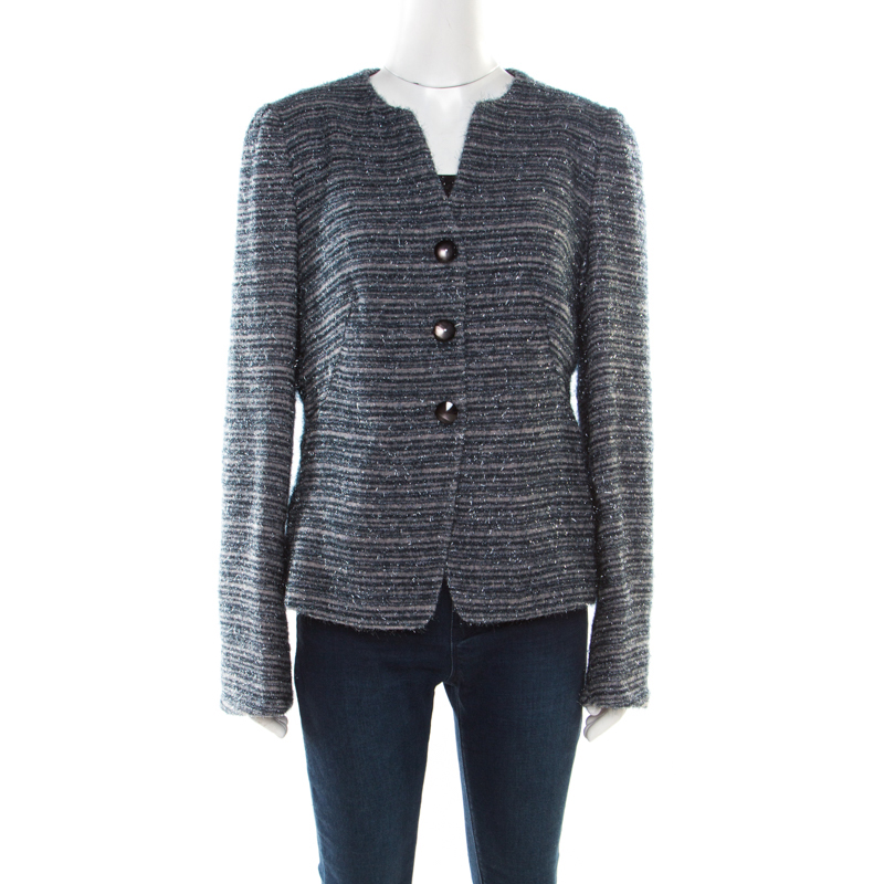 Pre Owned Armani Collezioni Metallic Blue Striped Fuzzy Blazer L