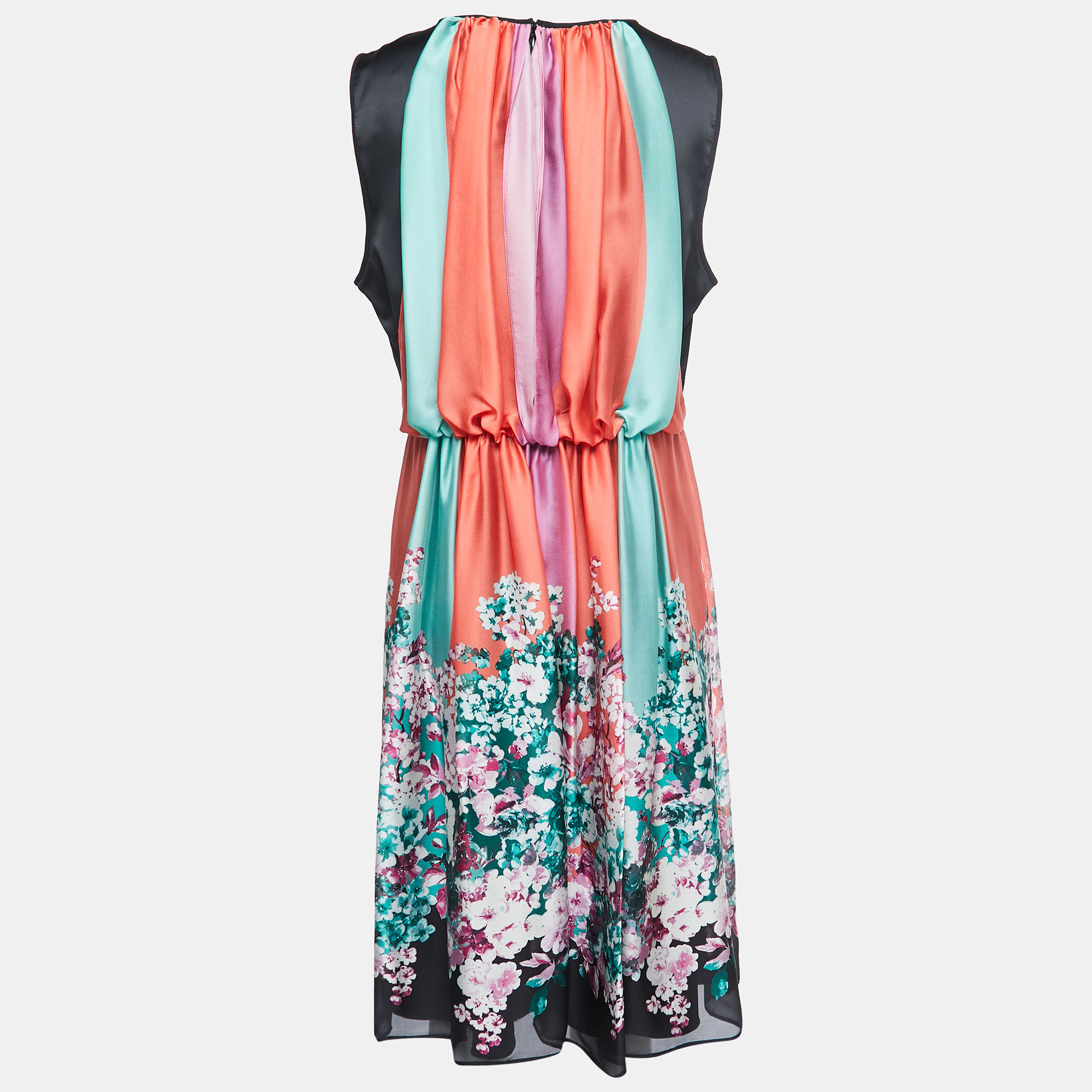 

Armani Collezioni Multicolor Floral Printed Silk and Satin Gathered Sleeveless Midi Dress