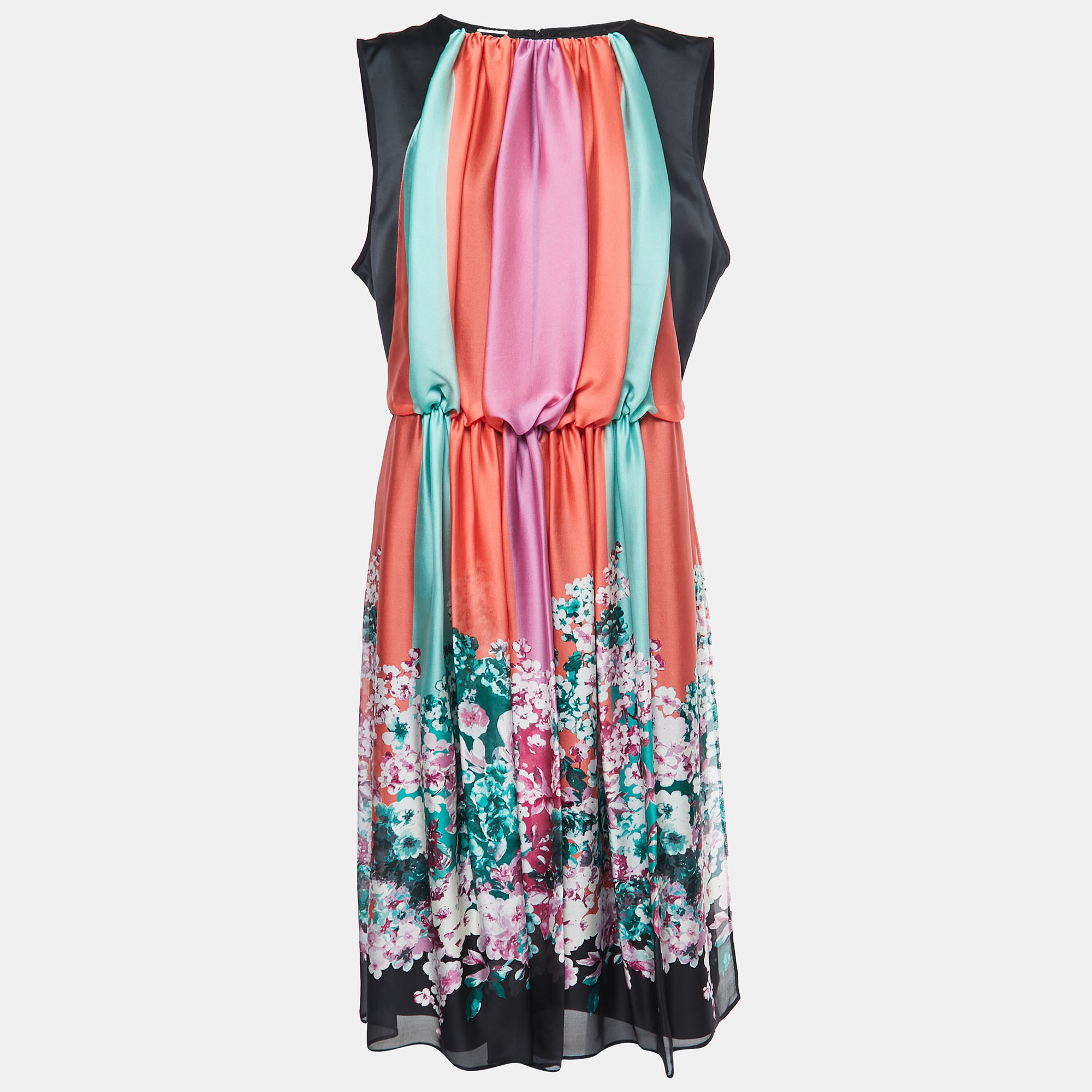 Pre Owned Armani Collezioni Multicolor Floral Printed Silk and Satin Gathered Sleeveless Midi Dress L