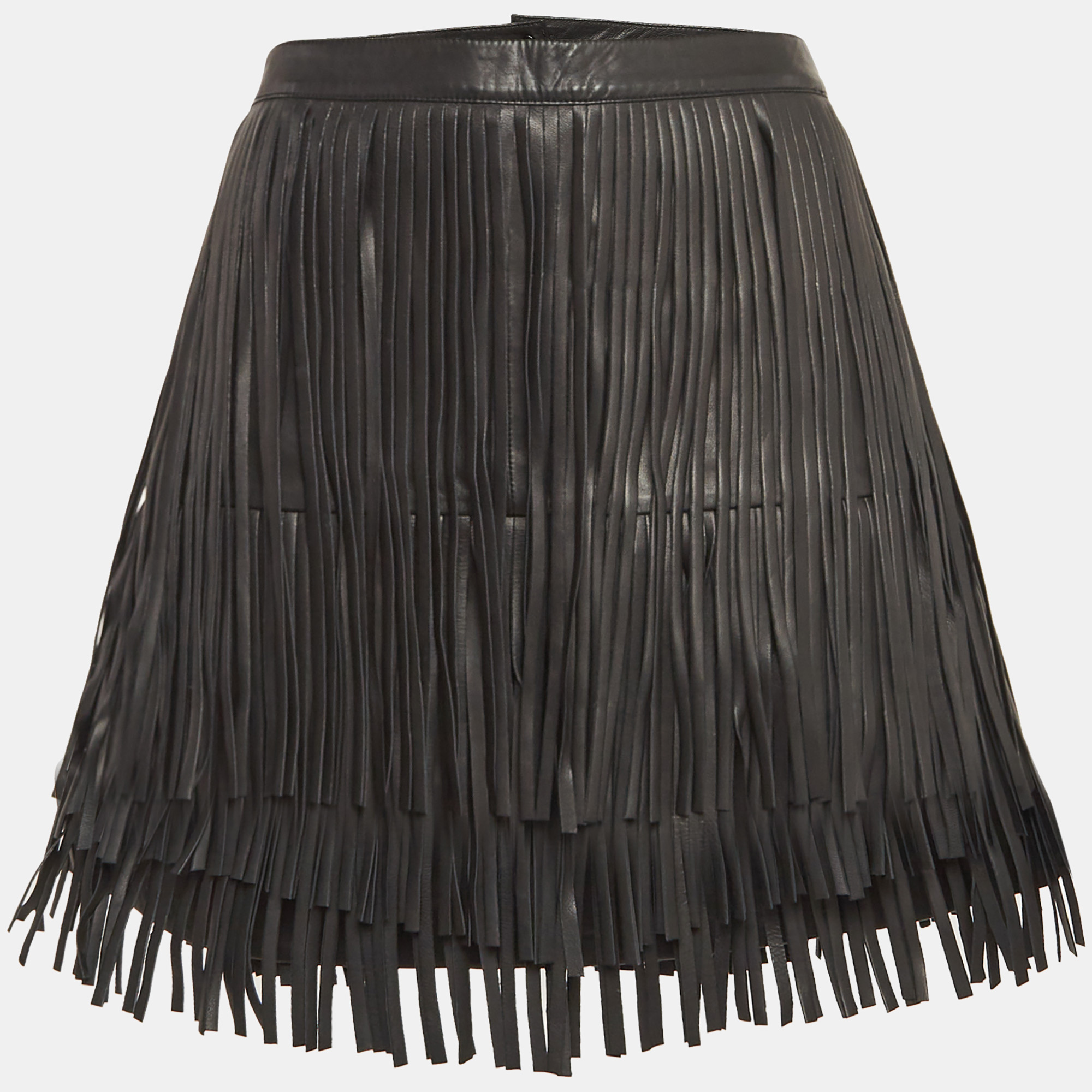 Pre-owned Armani Collezioni Zadig & Voltaire Black Leather Fringed Mini Skirt S