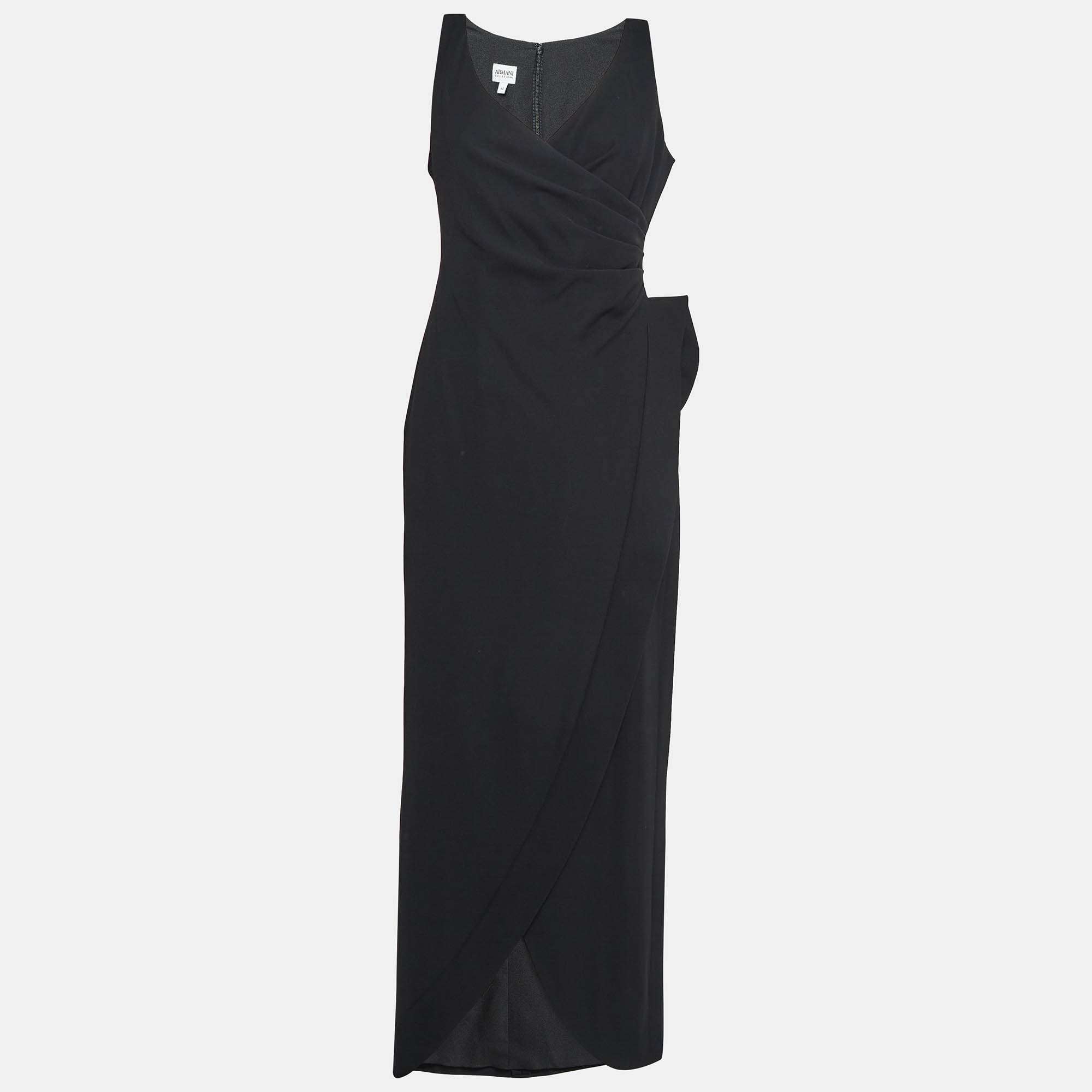 

Armani Collezioni Black Crepe Pleated Faux Wrap Maxi Dress M