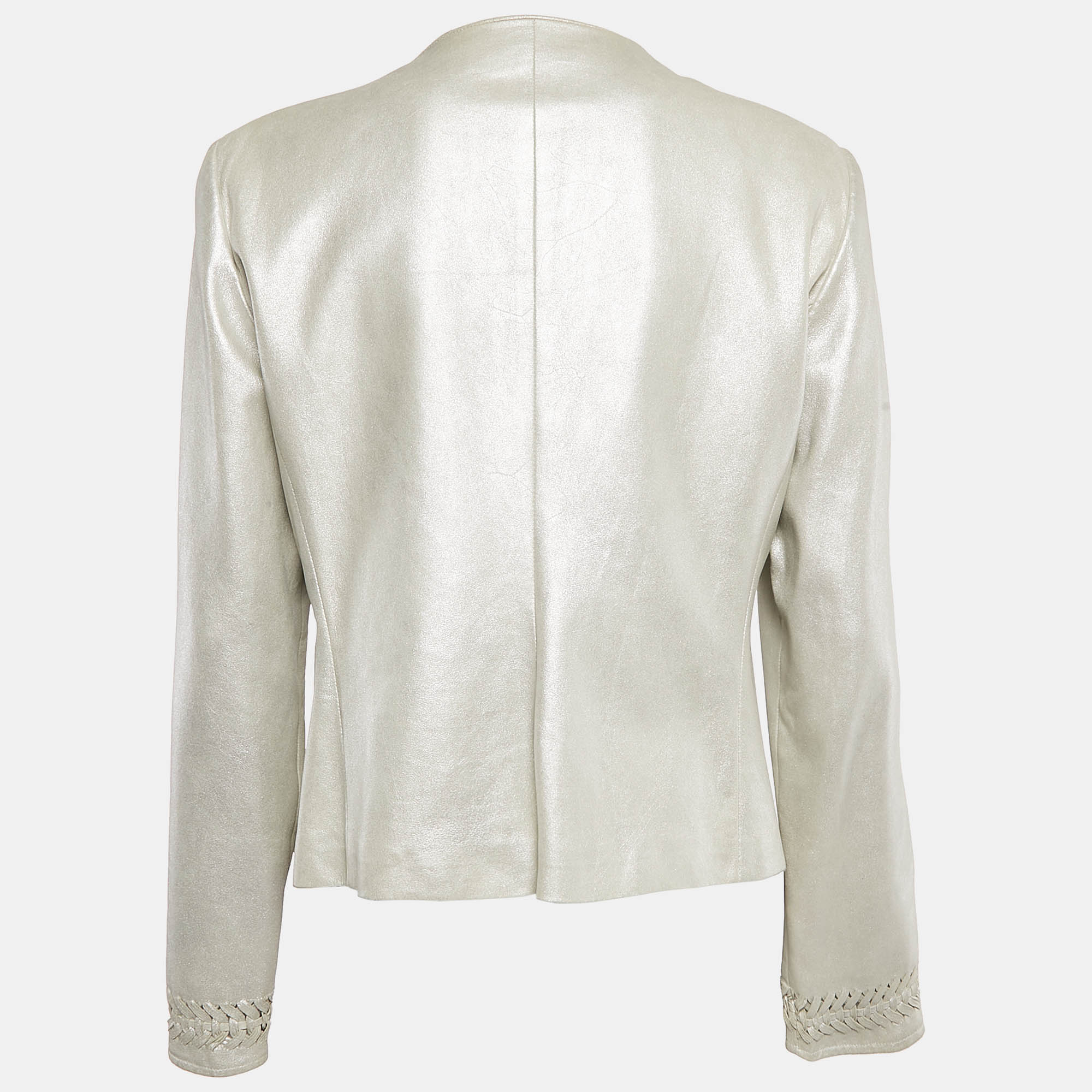 Armani Collezioni Silver Leather Zip-Up Cut-Out Detail Jacket L 