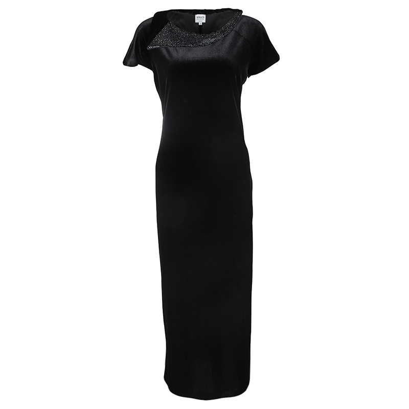 Armani Collezioni Black Embellished Draped Neck Velvet Dress L