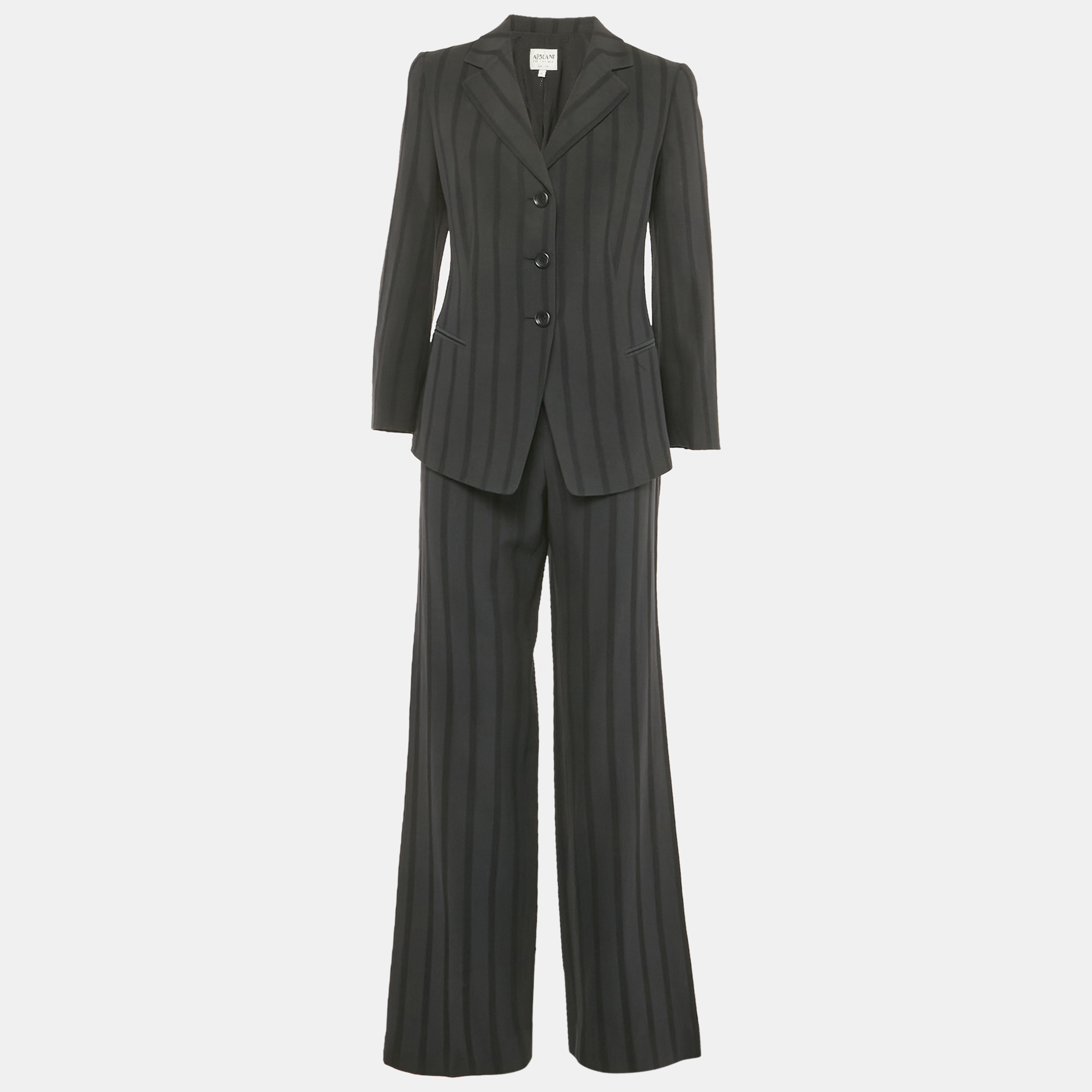 Pre-owned Armani Collezioni Black Patterned Wool Blend Flared Pant Suit M/l