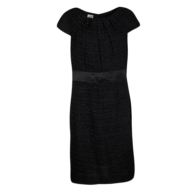 Pre Owned Armani Collezioni Black Textured Glitter Detail Cap Sleeve Dress L