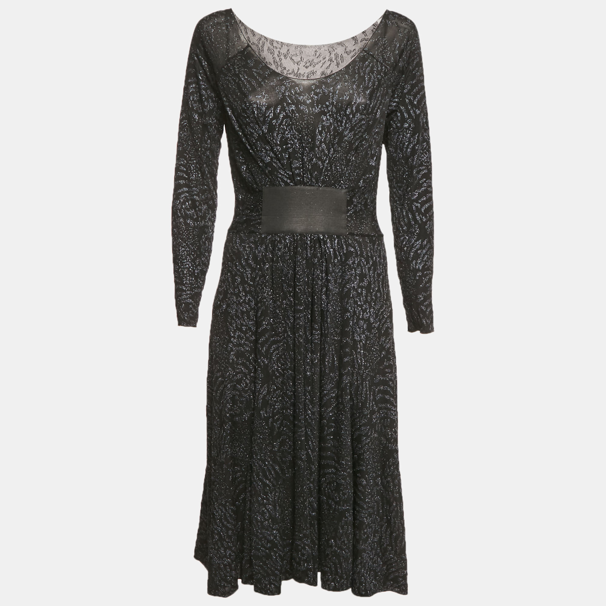 Pre-owned Armani Collezioni Black/blue Glitter Print Jersey Midi Dress M