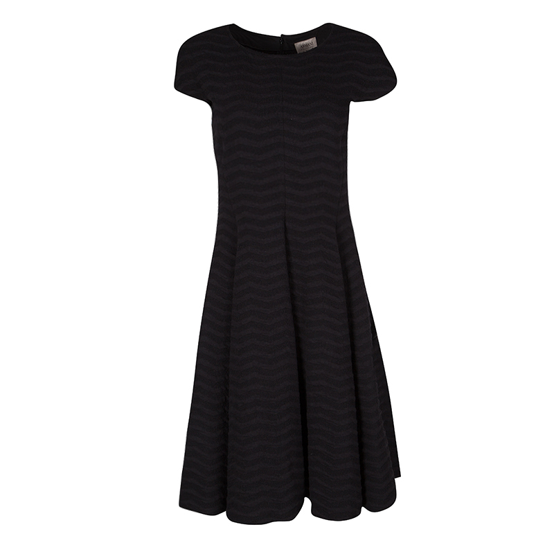 Pre Owned Armani Collezioni Black Chevron Pattern Textured Knit Fit and Flare Dress M