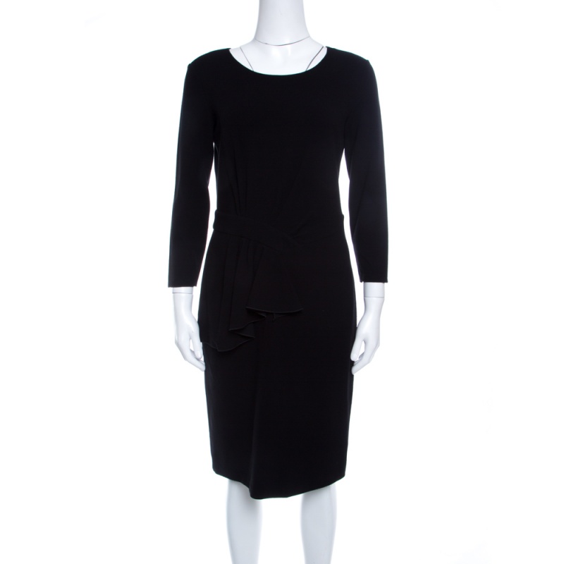 Armani Collezioni Black Gathered Ruffle Waist Detail Long Sleeve Dress M