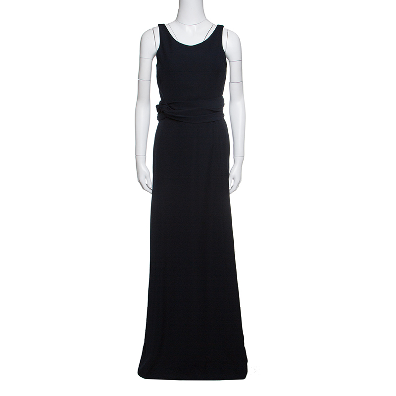 Pre Owned Armani Collezioni Navy Blue Draped Waist Sleeveless Maxi Dress S