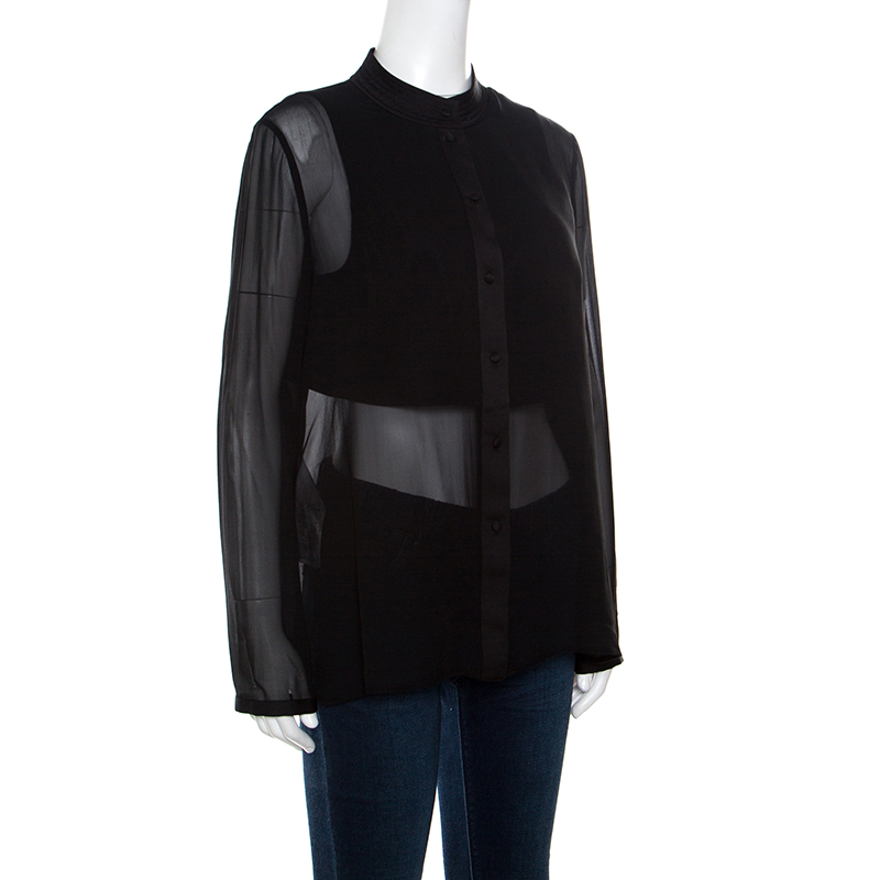 

Armani Collezioni Black Silk Satin Trim Detail Long Sleeve Blouse