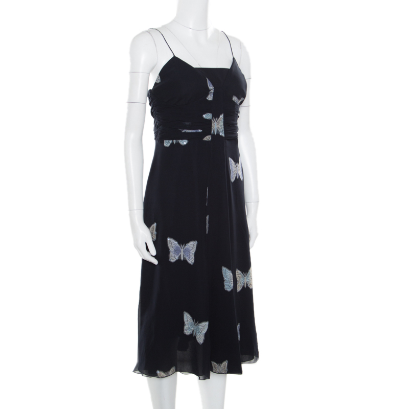 

Armani Collezioni Navy Blue Lurex Butterfly Pattern Ruched Sleeveless Dress