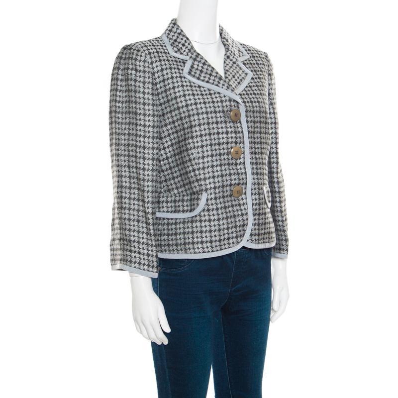 

Armani Collezioni Houndstooth Patterned Jacquard Three Button Blazer, Grey