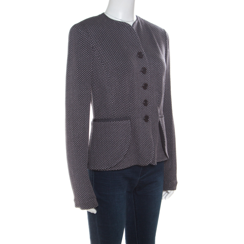 

Armani Collezioni Dark Grey Textured Wool Jacquard Knit Buttoned Jacket