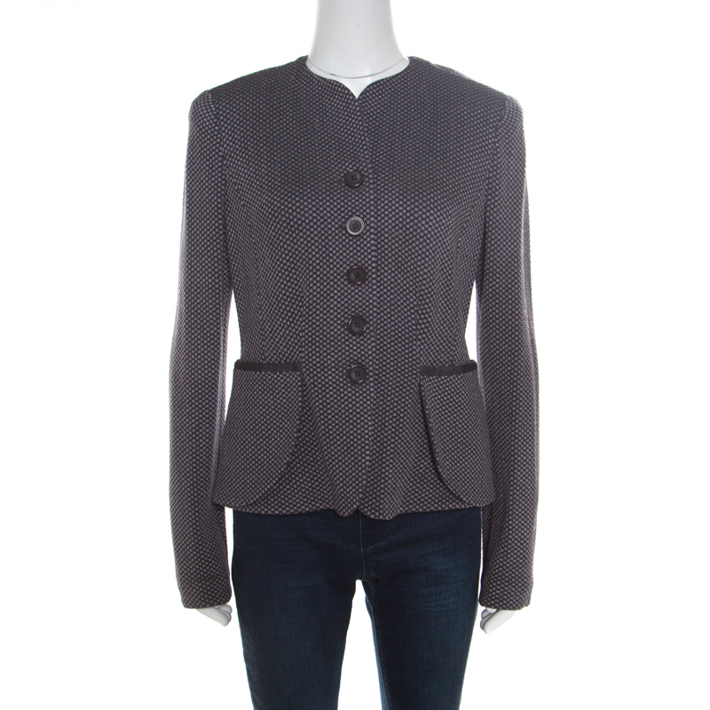 Pre Owned جاكيت أرماني كوليزيوني صوف تريكو جاكار رصاصي داكن منقوش L