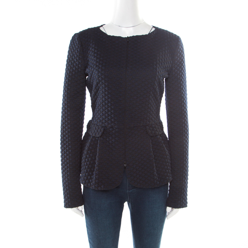 Pre Owned Armani Collezioni Navy Blue and Black Diamond Embossed Jacquard Peplum Jacket M