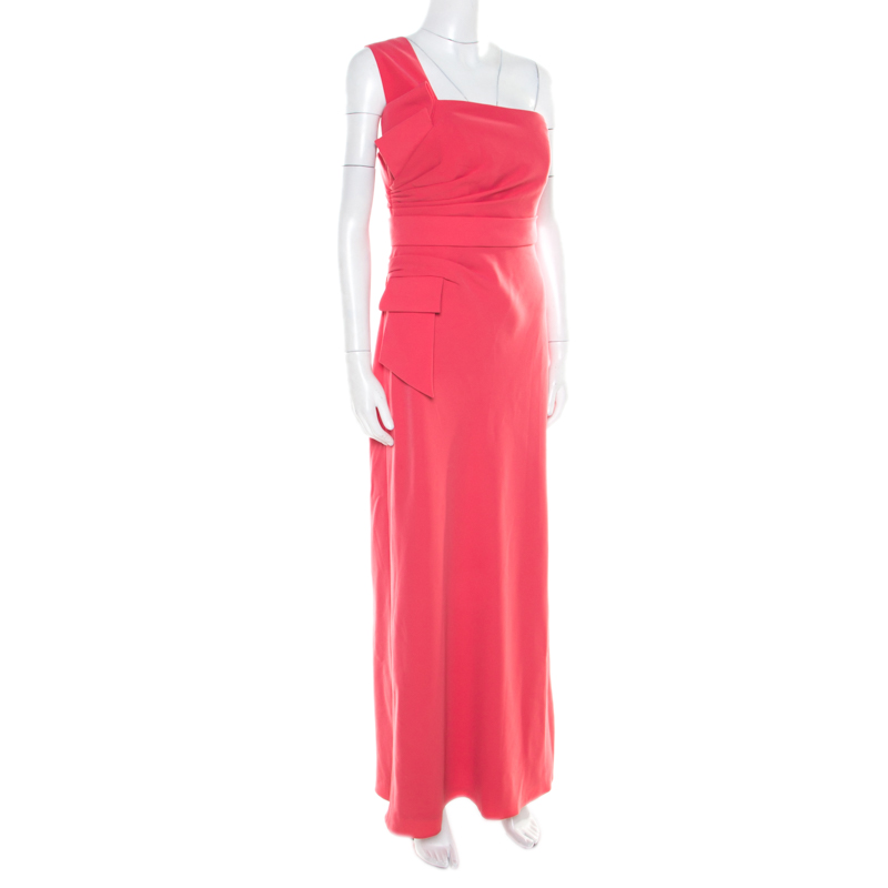 Pre-owned Armani Collezioni Salamander Pink Crepe Pleated Bow Trim One Shoulder Evening Gown M