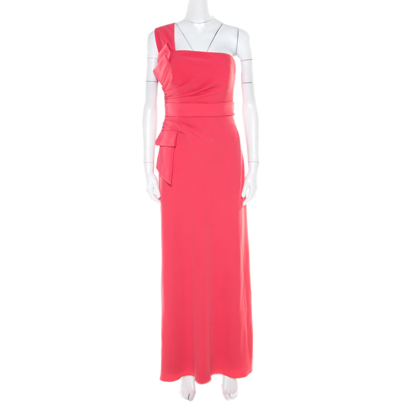 

Armani Collezioni Salamander Pink Crepe Pleated Bow Trim One Shoulder Evening Gown