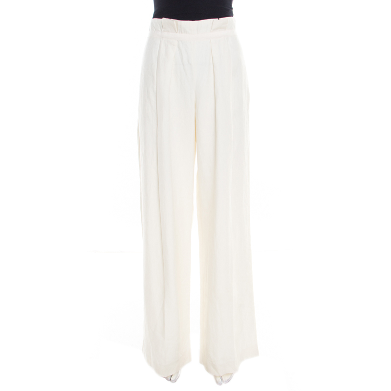 Pre Owned Armani Collezioni Cream Linen Wide Leg Pants M