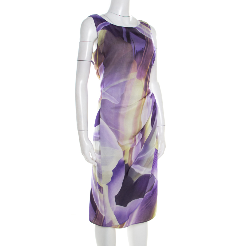 

Armani Collezioni Purple Printed Silk Draped Sleeveless Dress