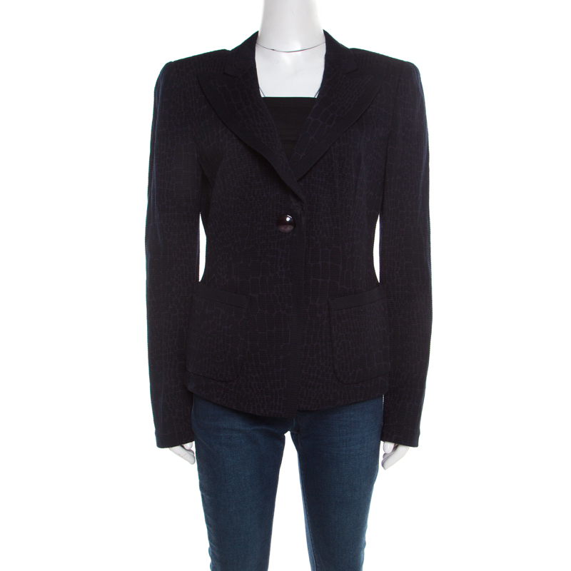 Pre Owned Armani Collezioni Navy Blue and Purple Animal Pattern Jacquard Jacket XL