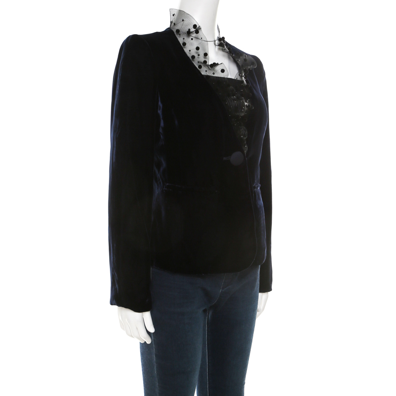 

Armani Collezioni Midnight Blue Velvet Embellished Mesh Collar Single Button Blazer