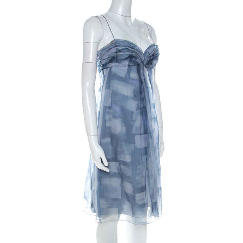 

Armani Collezioni Blue Printed Silk Organza Ruched Bust Babydoll Dress