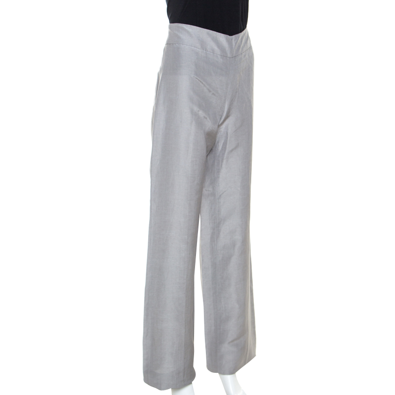 

Armani Collezioni Grey Linen and Silk Blend Wide Leg Trousers