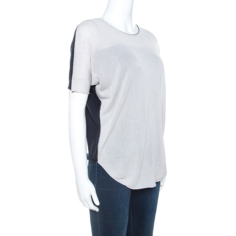 Pre-owned Armani Collezioni Grey Knit Contrast Back Detail Short Sleeve Top S