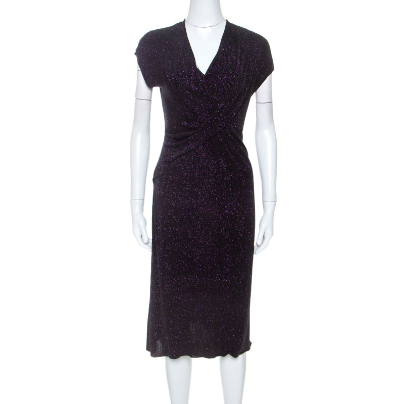 مملوكة مسبقًا Armani Collezioni Purple Metallic Foil Print Twist Front Detail Dress L