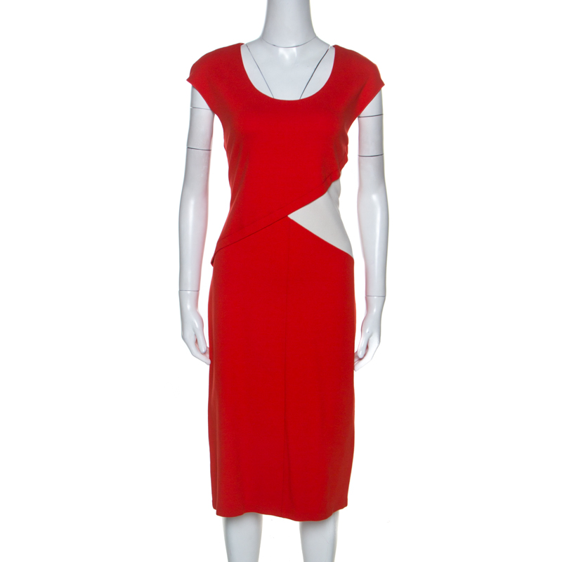 Pre Owned Armani Collezioni Red Stretch Knit Contrast Detail Midi Dress L
