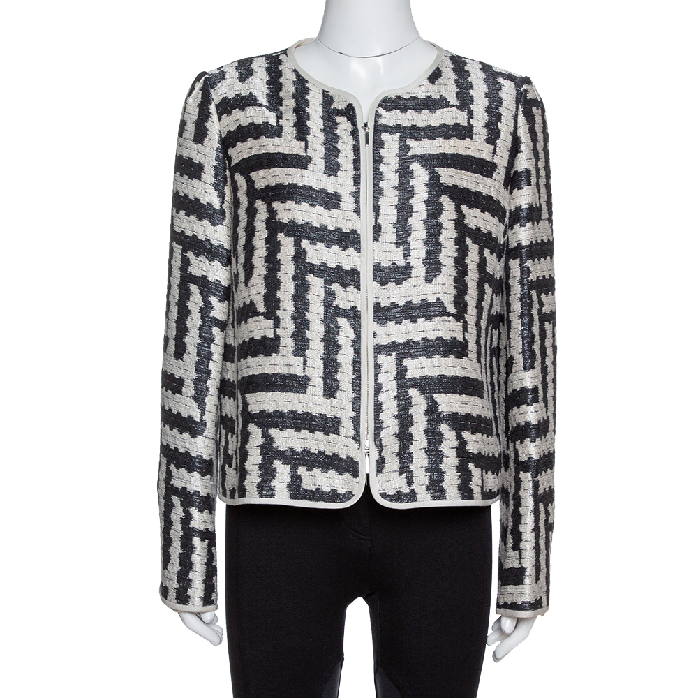 Pre Owned Armani Collezioni Cream & Black Jacquard Zip Front Jacket L
