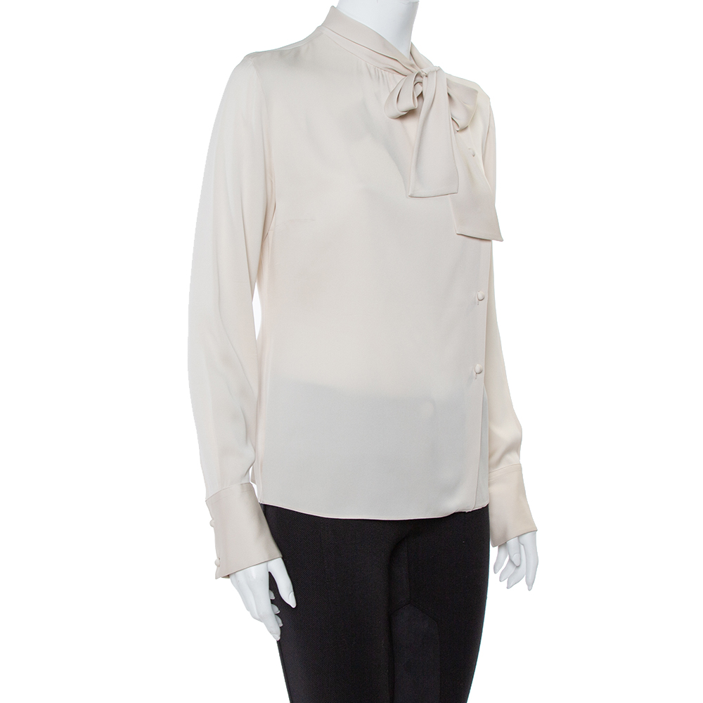 

Armani Collezioni Cream Silk Satin Tie Neck Detail Shirt
