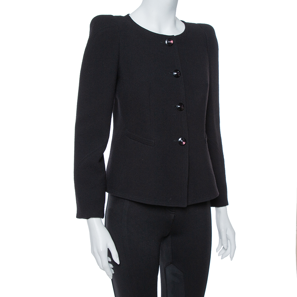 

Armani Collezioni Black Wool Crepe Shoulder Pad Detail Boxy Jacket