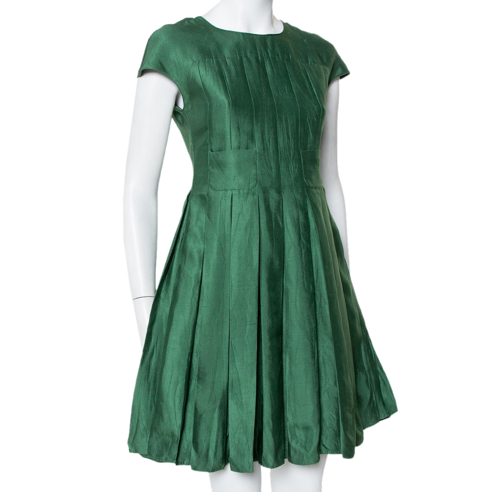 

Armani Collezioni Green Cotton Silk Box Pleated Short Dress